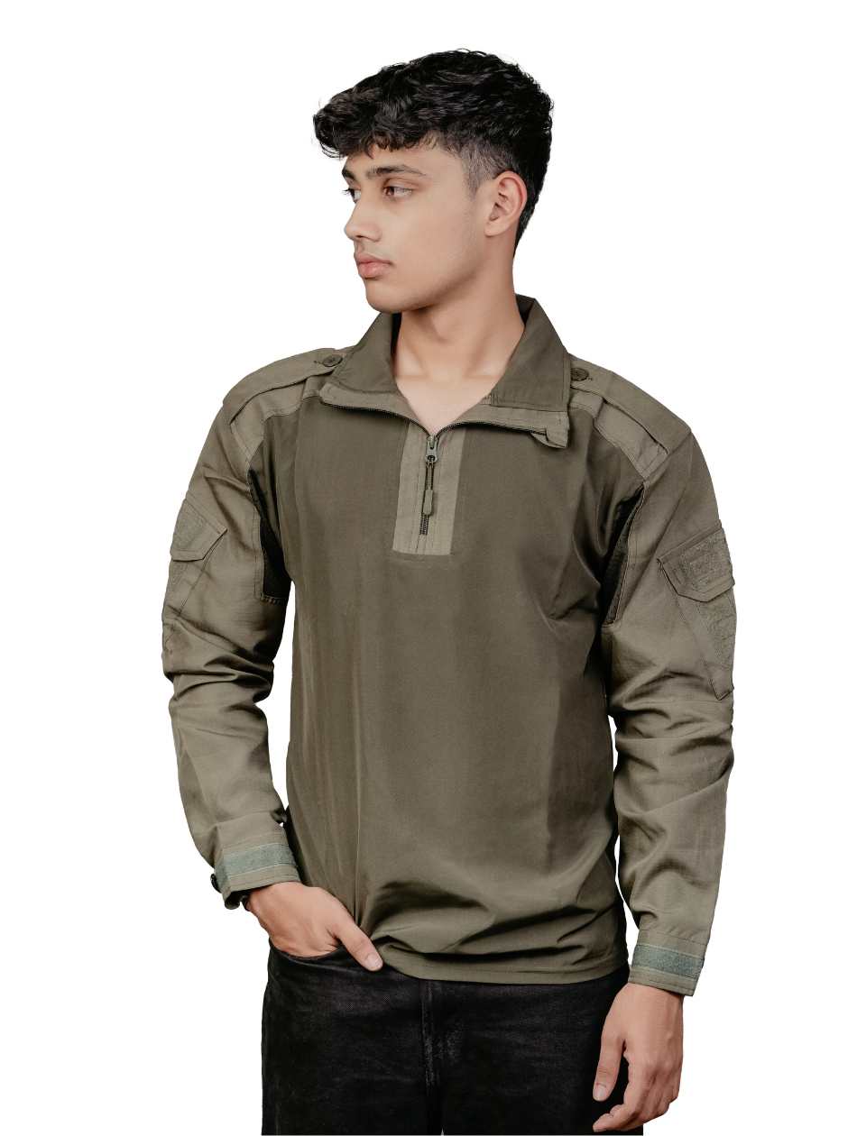 Men's Tactical Combat Half Zip Shirt | Olive Green Military Full Sleeve