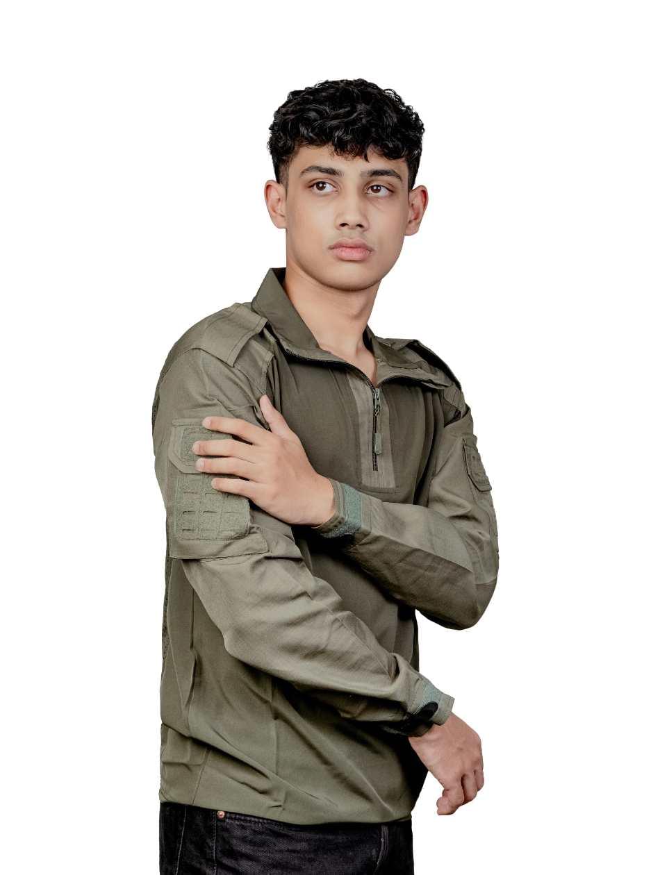 Men's Tactical Combat Half Zip Shirt | Olive Green Military Full Sleeve - Image 2